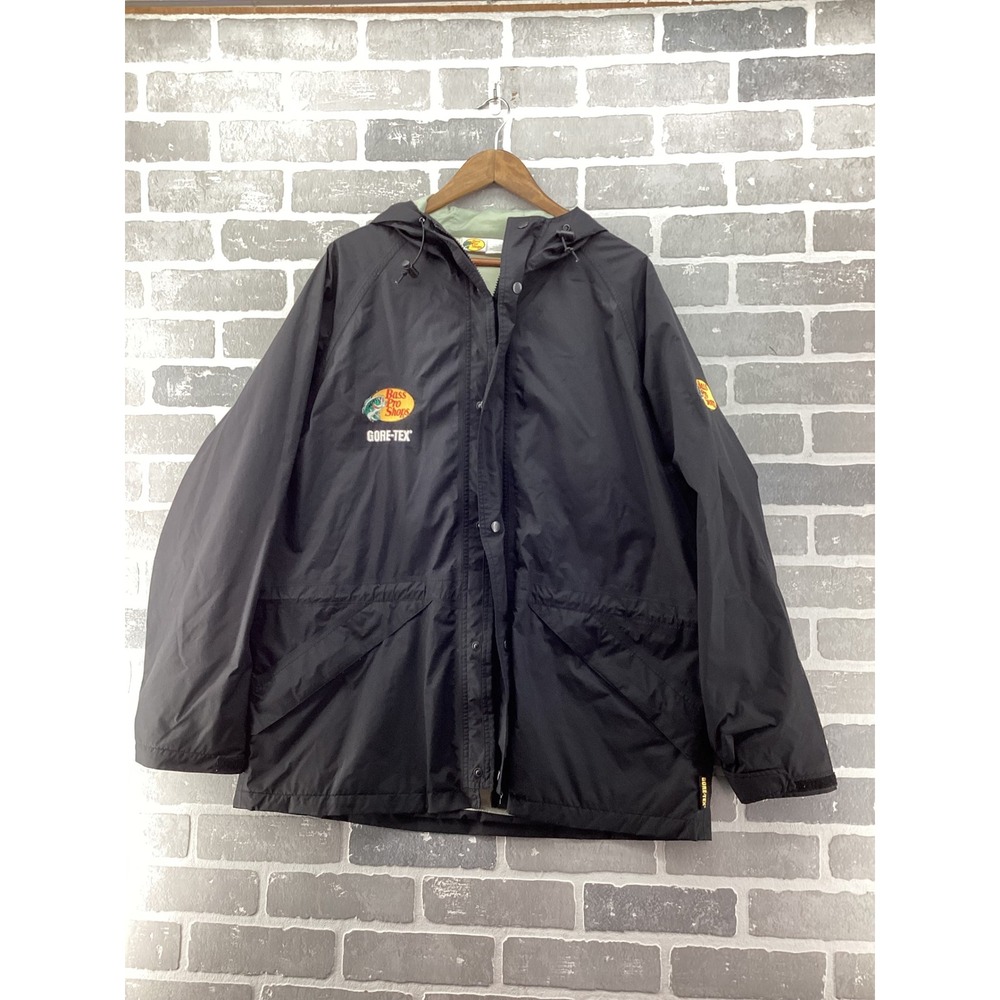 Bass Pro Shops Gore-Tex Rain Jacket Mens XL Black Waterproof Hooded Fishing Coat
